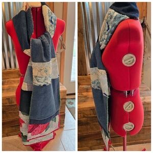 Upcycled long Scarf upcycled denim & quilt patches handmade Dont Throw It Out